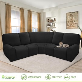 ROFASVCO 100% Waterproof Reclining Sectional Couch Covers Fleece Stretch 5-Piece L Shape Recliner Sofa Cover Washable Non Slip Corner Couch Cover Recliner Slipcovers Protector (5 Seat, Black)