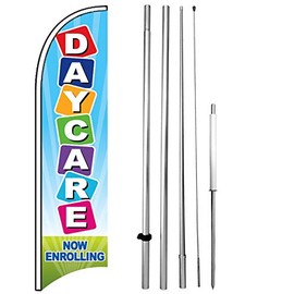 Daycare Now Enrolling - Windless Swooper Flag Kit Feather Banner Sign Set bb-h