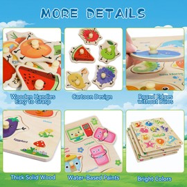 Wooden Peg Puzzles for Toddlers, 4 PCS Toddler Puzzles Set-Fruits, Sea Animals, Home Appliances, Vegetables, Baby Puzzle Montessori Toys for 3 4 5 Years Boys Girls, Kids Preschool Learninng Toys Gift
