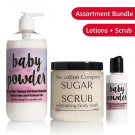 The Lotion Company Assortment Bundle - Body Lotion 16 oz, Sugar Scrub 2 oz & Exfoliating Body Wash 11 oz ; Moisturizing & Exfoliator, Travel Size - Fragrance: Fragrance Free