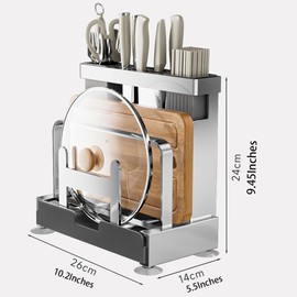 Vilemoon Multifunctional Cutting Board, Knife Drying Rack Kitchen Countertop Pot Lids Organizer, Knife Block Holder with Drain Tray Utensil Holders Bakeware Cookware Chopping Board Storage Stand