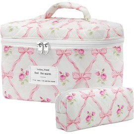 Makeup Bag, Quilted Makeup Bag Set, Cotton Cosmetic Bag, Flower Travel Toiletry Bag, Coquette Aesthetic Floral Toiletry Organizer Bag - Colour: Pink Bow