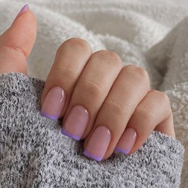 30 PCS Purple French Tip Press On Nails Short Square Fake Nails French Nails Press ons Acrylic Nails Glue on Nails Natural Short Square Nails False Nails for Women in 15 Sizes