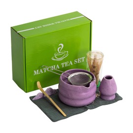 7Pcs Japanese Matcha Tea Set, Matcha Kit with Matcha Bowl (with Pouring Spout), Matcha Whisk, Whisk Holder, Strainer - Elegant Matcha Set for Gifting and Personal Use, Gift Box Packaging (Purple;)