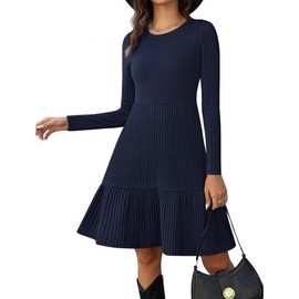 Zeagoo Ladies Autumn Winter Dresses 2025 Casual Long Sleeve Knee Length Sweater Dress Flowy Pleated A-Line Ribbed Knit Dress Navy Blue M
