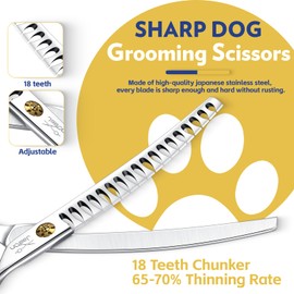 JASON Dog Scissors for Grooming - 7" Up-curved Chunker Shears with 65%-70% Thinning Rate, Professional Japanese 440C Stainless Steel Dog Grooming Chunkers with Adjustable Screw (18 Teeth, Silver) Gift