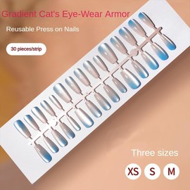 Blue Gradient Press on Nails Cat Eye Fake Nails Medium Coffin Shaped Stick on Nails Full Cover False Nails with Giltter Designs Glossy Artificial Acrylic Nails Reusable Glue on Nails for Women 30PCS
