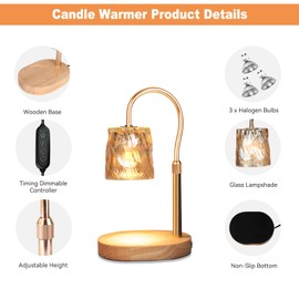 Honvinor Candle Warmer Lamp with Timer & Dimmer, Candle Warmer Height Adjustable, Fits All Jar Scented Candles, Candle Lamp with 3 Bulbs, Charming Gift for Home Decor
