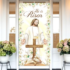 Vohado He is Risen Door Cover Christian Cross Jesus Resurrection Easter Party Decoration Spring School Church Front Porch Sign Decor