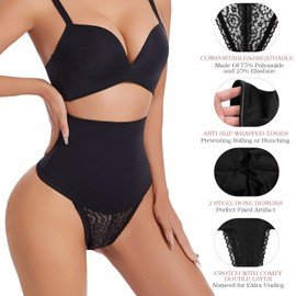 Dulchany Tummy Control Thong Shapewear for Women Seamless Panties Body Shaper Girdle Panty Lace Shaping Underwear Black