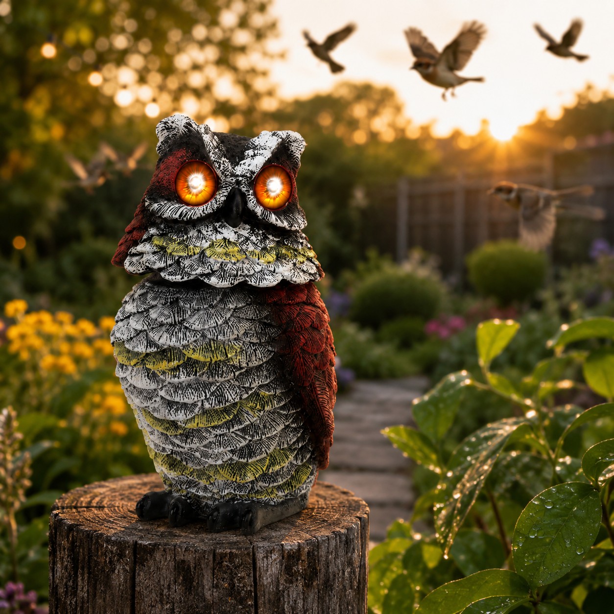 Solar Owl Bird Deterrent with Motion-Activated Sound & Flashing Eyes for Yards, Gardens, Farms & Orchards – Helps Protect Outdoor Areas