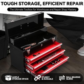Auto Dynasty 20.5" Portable Steel Metal Tool Box with 3 Drawers and 1 Top Storage Lockable Tool Boxes Organizer for Garage, Office and Home Storage, Red/Black