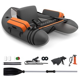 GYMAX Fishing Float Tube, 350lbs Inflatable Fishing Boat with Paddle, Pump, Flippers, Fish Hook Stators, Fish Ruler, Storage Pockets, Portable Backpack Belly Boat for Adults Fishing (Grey)