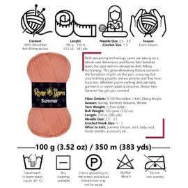 Rome Yarn Summer Yarn | Silk Effect | 100g | 350m | 100% Microfiber | Acrylic Yarn | Anti-pilling | Hand Knitting Yarn Crochet Art Lace Craft (1, 103)