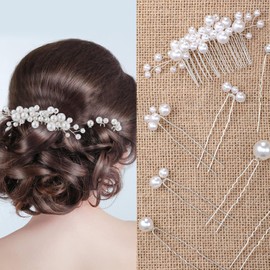 Pack of 9 Pearls Bridal Wedding Hair Comb Pearls Hair Pins Set Silver Bridal Side Comb U Shape Bridal Hair Clip Hair Clip Updo Wedding Hair Accessories for Women Girls
