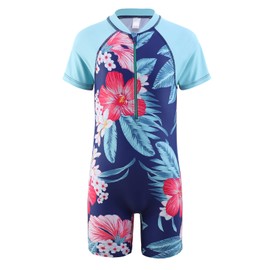 Moon Tree Big Girls Short Sleeve Rash Guard One Piece Swimsuits Zipper Front Bathing Suit Sun Protection Navy Blue Floral Size 10/8-10