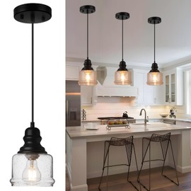 WILON Industrial Pendant Light, 4'' Black Seeded Glass, Farmhouse Kitchen Island Lighting, Adjustable Ceiling Light for Dining Room, E26 Bulb Base, Dimmable