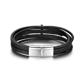 PiercingJak Men's Faith Bracelet Cross Leather Bracelet for Men Stainless Steel Magnetic Closure Religious Cross Multi-Layer Braided Bracelet Leather Bangle Wristband 8.7 Inch