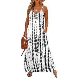 Bluetime Maxi Dresses for Women Casual Summer Petite Bohemian Floral Beach Sundress with Pockets(Black Print,XL)