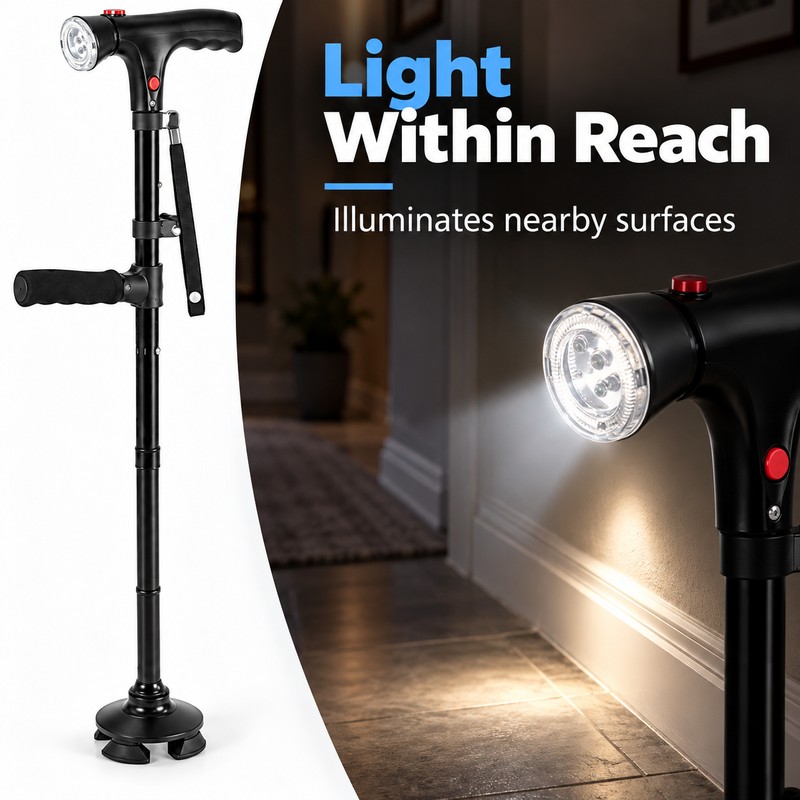 Folding Walking Cane with LED Light & Alarm – Adjustable