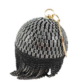 Dazzling Crystal Tassel Women Evening Bag Round Wedding Cocktail Wristlets Handbag Purse (BLACK)