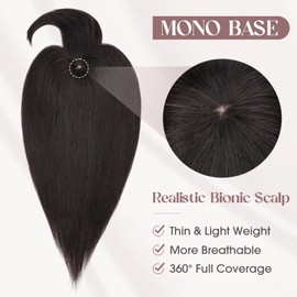 MY-LADY Human Hair Toppers for Women Real Human Hair with Bangs Thin 8.5 * 8.5CM Mono Base Clip in Remy Hairpieces Light Weight 14 Inch Natural Black