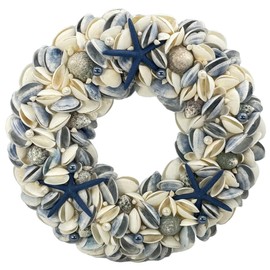 Galt International 18" Nautical Seashell Hanukkah Wreath, Dark Blue | Holiday Coastal Beach Floral Home Decor Indoor Outdoor Real Starfish Pearl Seashells