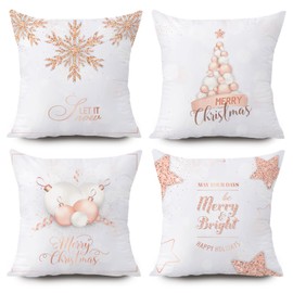 KUNQIAN Christmas Cushion Covers Xmas Christmas Decorations Throw Pillow Cover Pink White Snowflake Set of 4 Christmas Decor For Sofa Living Room Home 18x18 Inch 45x45cm