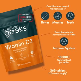 Vitamin D 1000iu - 1 Year Supply, 365 Easy-Swallow Vitamin D Tablets, Vegetarian Vitamin D3 1000iu, High Strength Immune Support Vitamin D Supplement - Awarded by The Independent UK