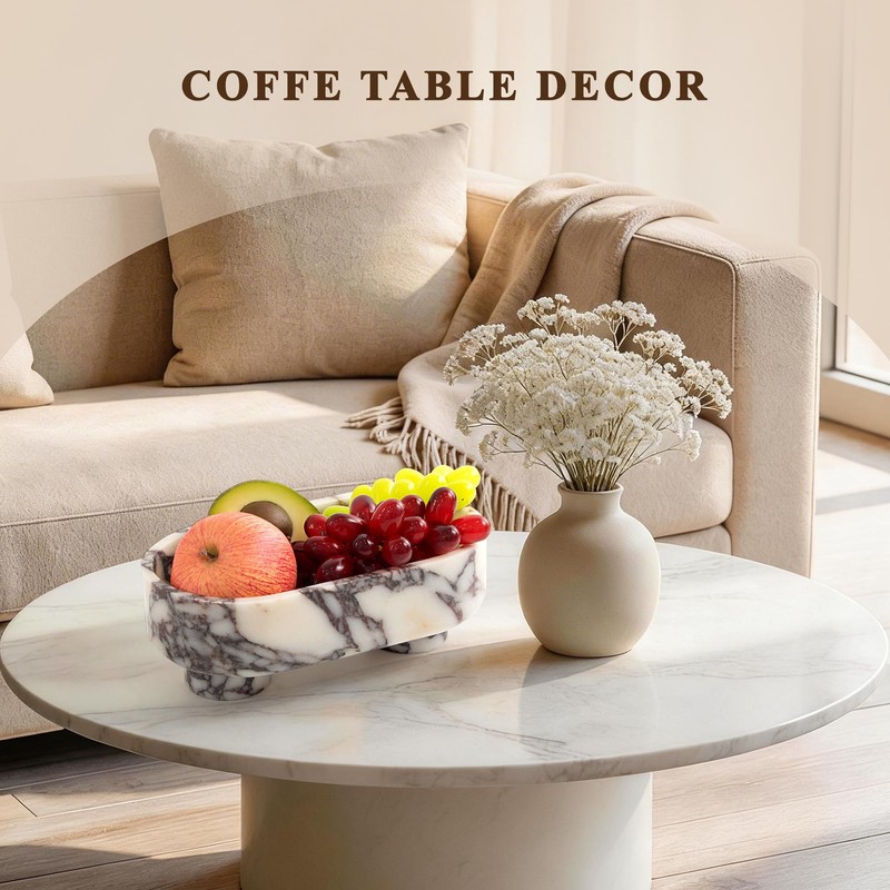 Natural Oval Marble Fruit Bowl, Two-Legged Decorative Bowl Calacatta Viola