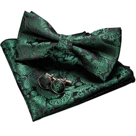 Jemygins Paisley Bow Tie, Men’s Pocket Handkerchief and Cufflinks Set - Dark green., size: m