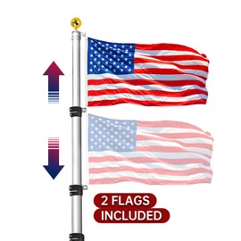 iElyiEsy Telescopic Flag Pole Kit 20Ft Height Adjustable Heavy Duty Aluminum Flagpoles with Two 3x5 American Flags & Golden Ball Topper for Yard House Ground Residential Commercial, Silver