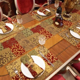 Loom and Mill Luxury Jacquard Table Runner 90 inches Long, Patchwork Design Chenille Dining Table Runners with Tassels for Holiday Table Setting Dresser Kitchen Party(Triangle-Red Gold,13”x90”)