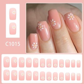 Flower Press on Nails Short Square Fake Nails with Floral Design Glossy Pink False Nails Summer Daisy Stick on Nails Reusable Full Cover Acrylic Glue on Nails for Women Girls Manicure 24Pcs