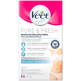 Veet Pure & Fresh, Bandas de Cera Depilatoria, Axilas y Bikini, Piel Sensible, 16 piezas