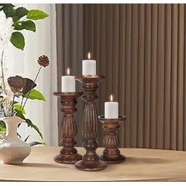 Candle Holders for Pillar Candles, Wooden Table Centerpiece, Set of 3, Wood Candle Holders, Rustic Pillar Candle Holder, 12'' 9'' 6'' Farmhouse Candle Holders Melon Design - Burnt