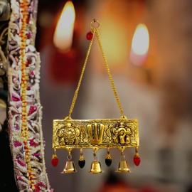 Sawcart Tirupati Balaji Shankh Chakra Symbol With Bells & Stones Decorative Religious Metal Wall Hanging For Home & Office Decor, Feng Shui, Vastu, Sculpture Art Figurine, Special Housewarming gift