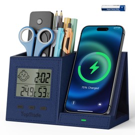 TopMade Wireless Charger with Pen Holder, PU Leather Desk Nightstand Organizer Fast Charging Station, Home Office Supplies Pencil Holder, Digital Thermometer and Humidity Gauge, Gifts for Men(Blue)