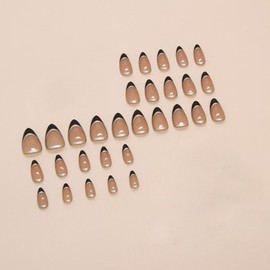 Black French Tip Press on Nails Short Almond Fake Nails Nude Glossy False Nail with Design Silver Line Glue on Nails Reusable Artificial Acrylic Full Cover Stick on Nail for Women Manicure 24Pcs
