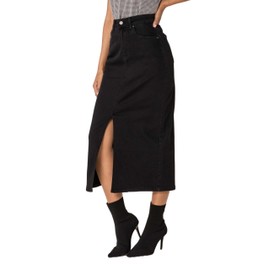 Nina Carter P215 Women's High Waist Calf Length Denim Skirt with Front Slit Long Skirt Zip Stretch Used Look, Black (P215-8)