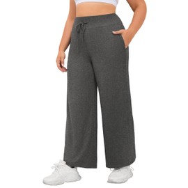 FOREYOND Plus Size Sweatpants for Women Wide Leg Yoga Pants Knit Workout Pants with Drawstring Pull-on Stretch Fabric Dark Grey 3XL