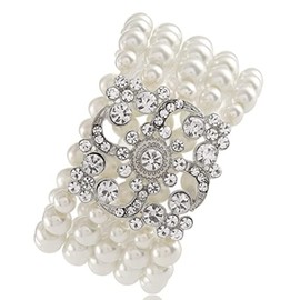 Asphire Vintage Great Gatsby Pearl Bracelet Multi-layered Floral Pearl Crystal Elastic Bangle Bridal Wedding Jewelry 1920s Flapper Prom Party Costume Accessories for Women (Silver)
