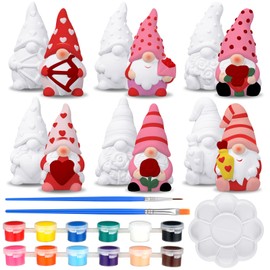 Poen 6 Sets Ready to Paint Your Own Valentine's Day Gnome DIY Unpainted Ceramics Gnome Figurines Kit Drawing Valentine's Day Figurines DIY Art and Craft with Brush Palette Paint Decor Gifts
