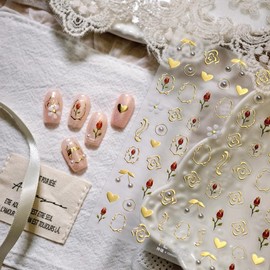 Flower Nail Stickers 3D Self Adhesive Tulip Floral Nail Art Stickers 5D Embossed Pearl Hearts Nail Decals Gold Lines Nail Design Cute Nail Art Supplies for Women Girls 1 Sheet