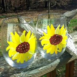 2 Sunflower Hand Painted Stemless Wine Glasses