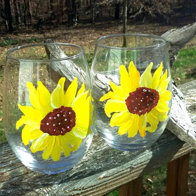 2 Sunflower Hand Painted Stemless Wine Glasses