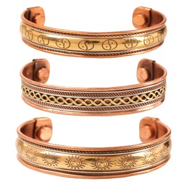 Touchstone Copper Magnetic Bracelet Tibetan Style. Hand Forged with Solid and high Gauge Pure Copper Sun Yin Yang Braided Motifs. Set of 3 Different Designs in 3 Metals.