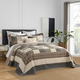 SahSahCasa 128"x120" 100% Cotton Oversized California King XL Bedspread Coverlet Quilt Set, Cal King Quilted Bedspread Extra Large Quilt, Bed Spread Lightweight Comforter, 3pc, Charcoal/Beige/Brown