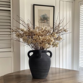 Handmade Black Terracotta Vase, 10" Tall with 4 Ears, Wide Mouth Ceramic Vases,Vintage Farmhouse Vase, Rustic Antique Matte Finish Decor Vases for Home, Living Room, Table, Fireplace