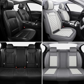 Car Seat Covers Full Set, 5 Seats Covers for Cars, Car Seat Covers Front Seats Back Seat Covers, Car Seat Protector Luxury Leathaire Waterproof Seat Cushions Universal Fit Most Cars Gray White